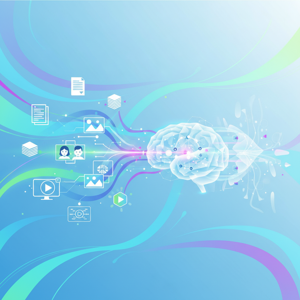A conceptual image showing multiple data sources (text documents, images, video icons) seamlessly integrated and analyzed by an AI brain. The background is a soft, flowing digital pattern in blue and green tones, emphasizing data flow and intelligence. Modern, clean infographic style. No visible text, no graphs.
