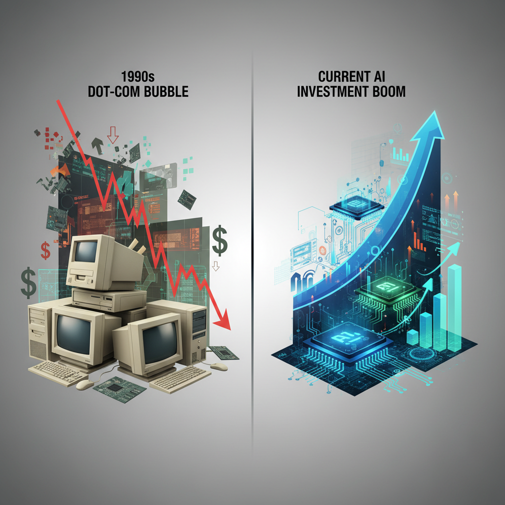 A split image infographic comparing the 1990s dot-com bubble and the current AI investment boom. On one side, vintage computers and graphs show a market crash. On the other, modern AI chips and data flows illustrate rapid growth with a hint of instability. Style: clean infographic, modern layout, high contrast. No visible text in image.