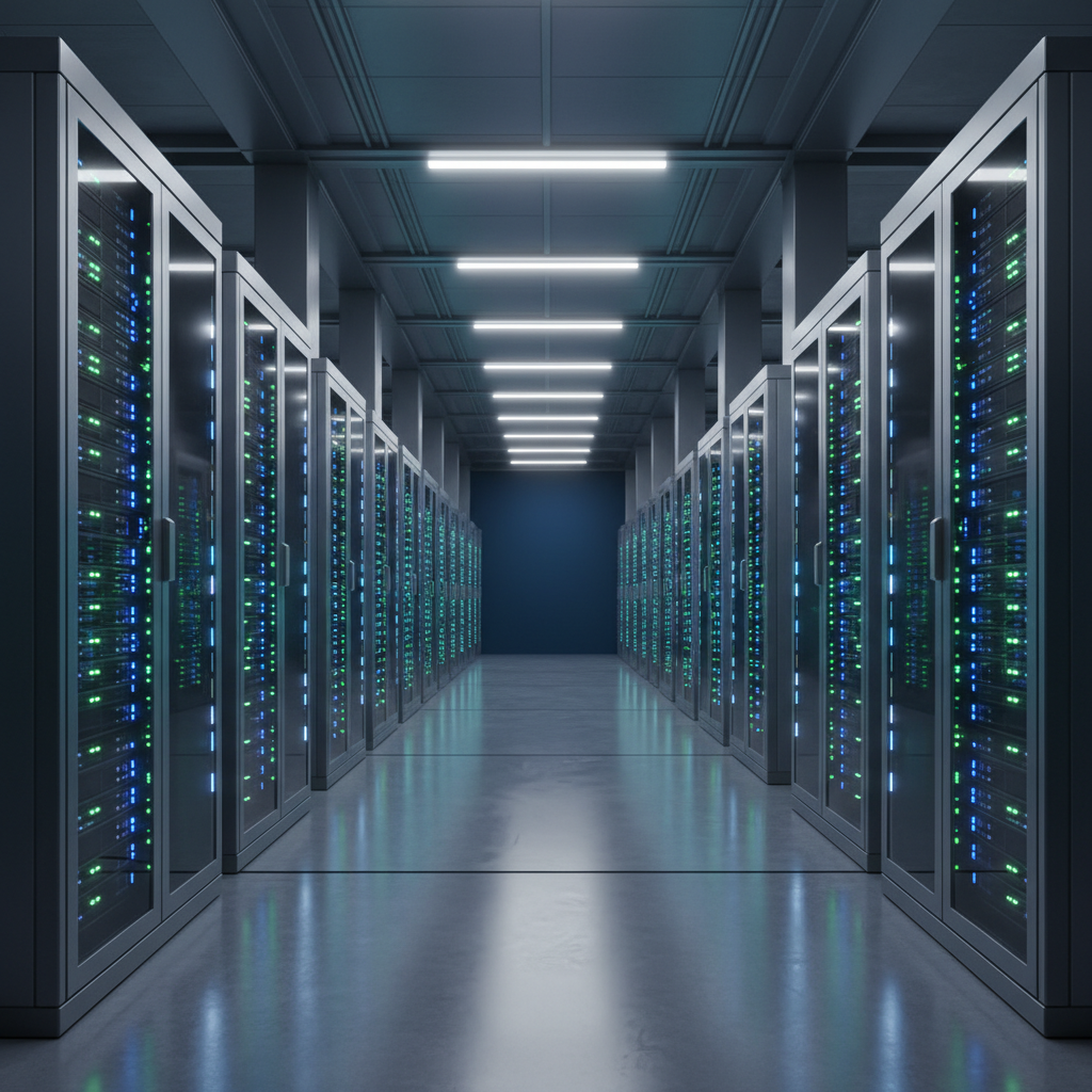 Massive modern datacenter interior with rows of server racks glowing blue and green lights, high-tech atmosphere, wide angle view, clean industrial design, dramatic lighting from LED indicators, dark blue gradient background, futuristic technology environment, no text