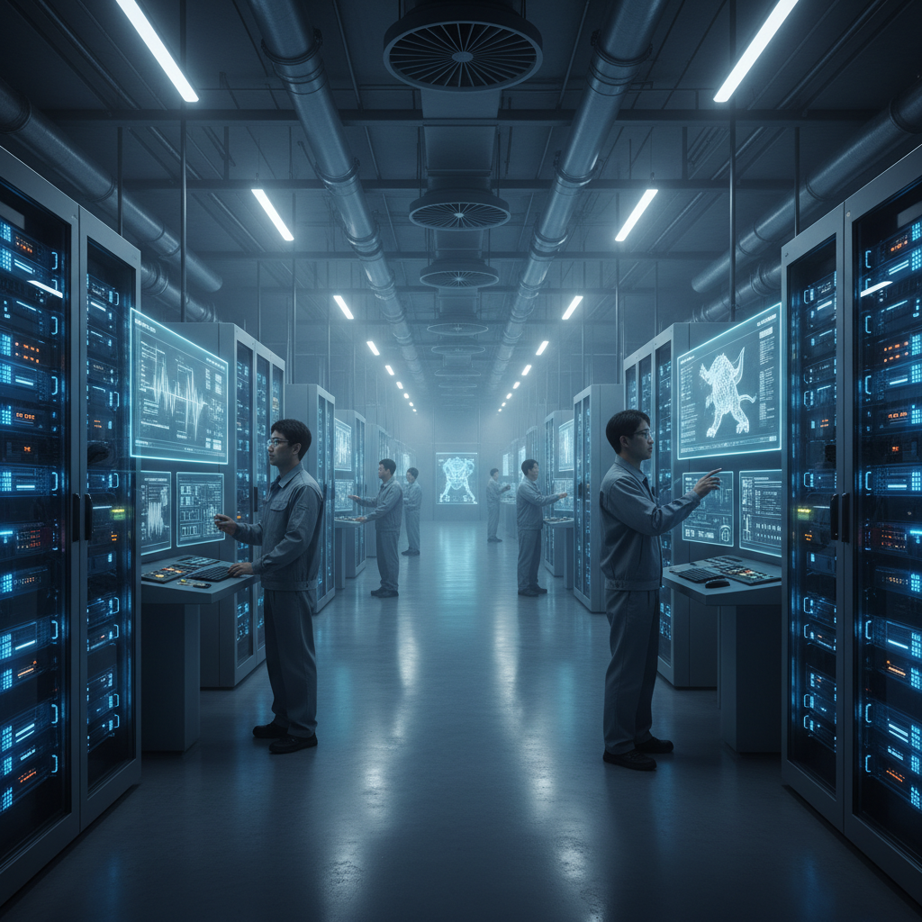 Massive AI data center with servers and computing equipment specifically designed for film production, Korean technicians monitoring systems, modern industrial setting with blue lighting, high-tech atmosphere. No text.
