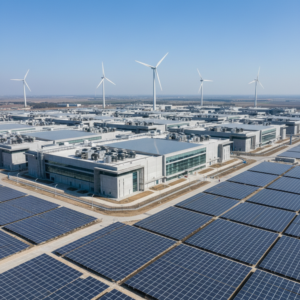 A vast modern data center facility with rows of servers and cooling systems, surrounded by renewable energy sources like solar panels and wind turbines. Aerial view showing the massive scale of AI infrastructure, bright daylight, industrial architecture, no text.