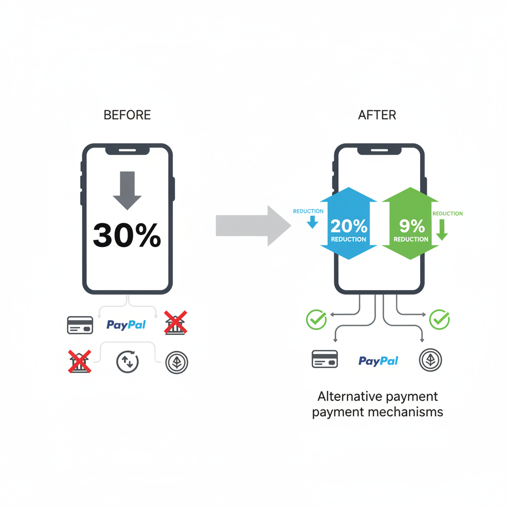 An infographic showing a comparison of app store fees before and after, with arrows indicating reduced percentages (9% and 20%). On one side, various payment method icons are shown flowing into a smartphone icon, symbolizing alternative payment mechanisms being allowed. Style: clean infographic. No text.