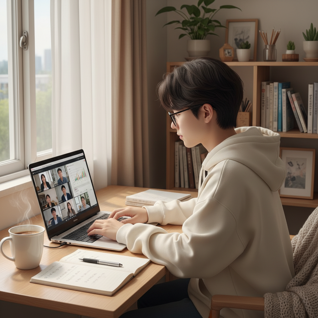 A young Korean university student sitting at a desk in a cozy room, actively participating in an online lecture on a sleek, affordable laptop that resembles a Mac. The student is focused and taking notes, with a cup of coffee nearby. The room is well-lit and comfortable. Lifestyle photography, no text.