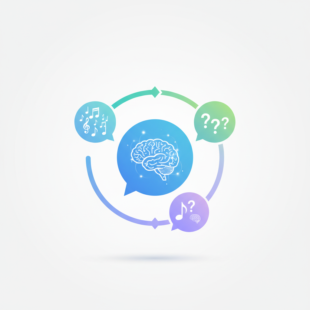 A clean infographic illustrating conversational music discovery. Speech bubbles with music notes, question marks, and AI brain symbols interconnected. Smooth lines and a modern color palette. No text in image.