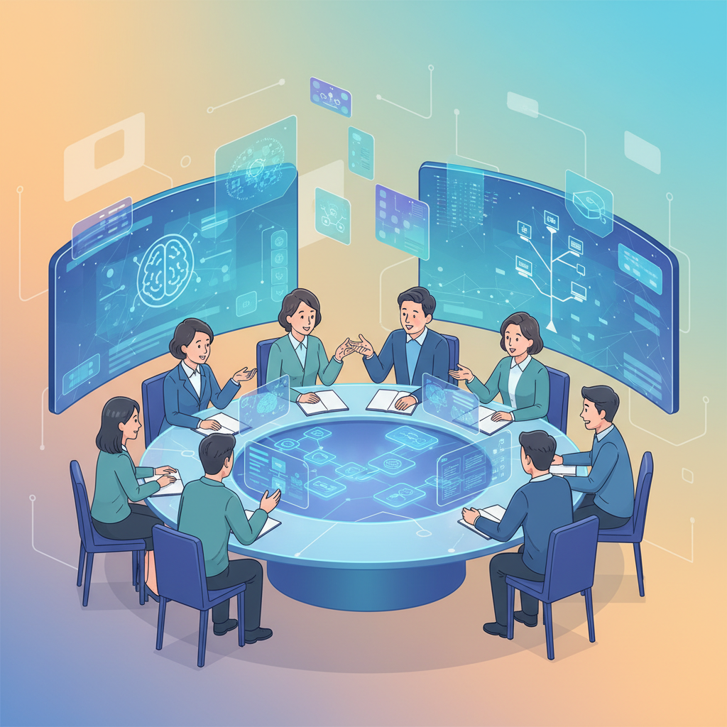 A diverse group of Korean educators and students collaboratively discussing educational strategies around a table, with subtle AI interfaces or data visualizations in the background, symbolizing thoughtful integration of technology. The atmosphere is positive and forward-looking. Bright, balanced lighting, colored background, no visible text. Style: clean infographic.