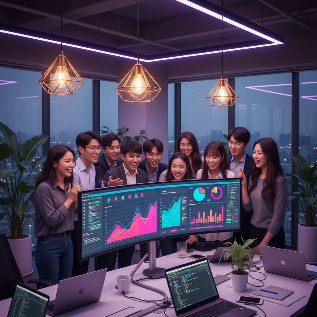 A diverse team of Korean software engineers gathered around a large monitor displaying colorful analytics dashboard, modern tech office environment with glass walls, warm pendant lighting overhead, excited and engaged expressions, laptop screens showing development tools, contemporary workspace with indoor plants, gradient purple and blue ambient lighting, collaborative atmosphere, realistic workplace photography, no readable text on screens