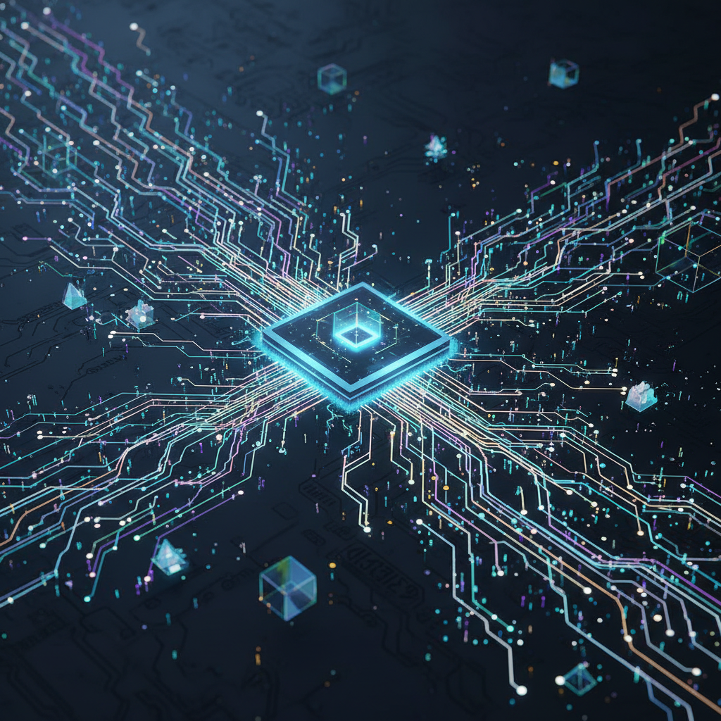 An abstract yet realistic illustration of AI-powered data analysis, showing complex data streams flowing into a central processing unit, then visualizing connections and patterns. The style should be futuristic and clean, with glowing lines connecting various data points on a dark, textured background. Style: clean infographic, modern layout, high contrast. Bright, balanced lighting. No text.