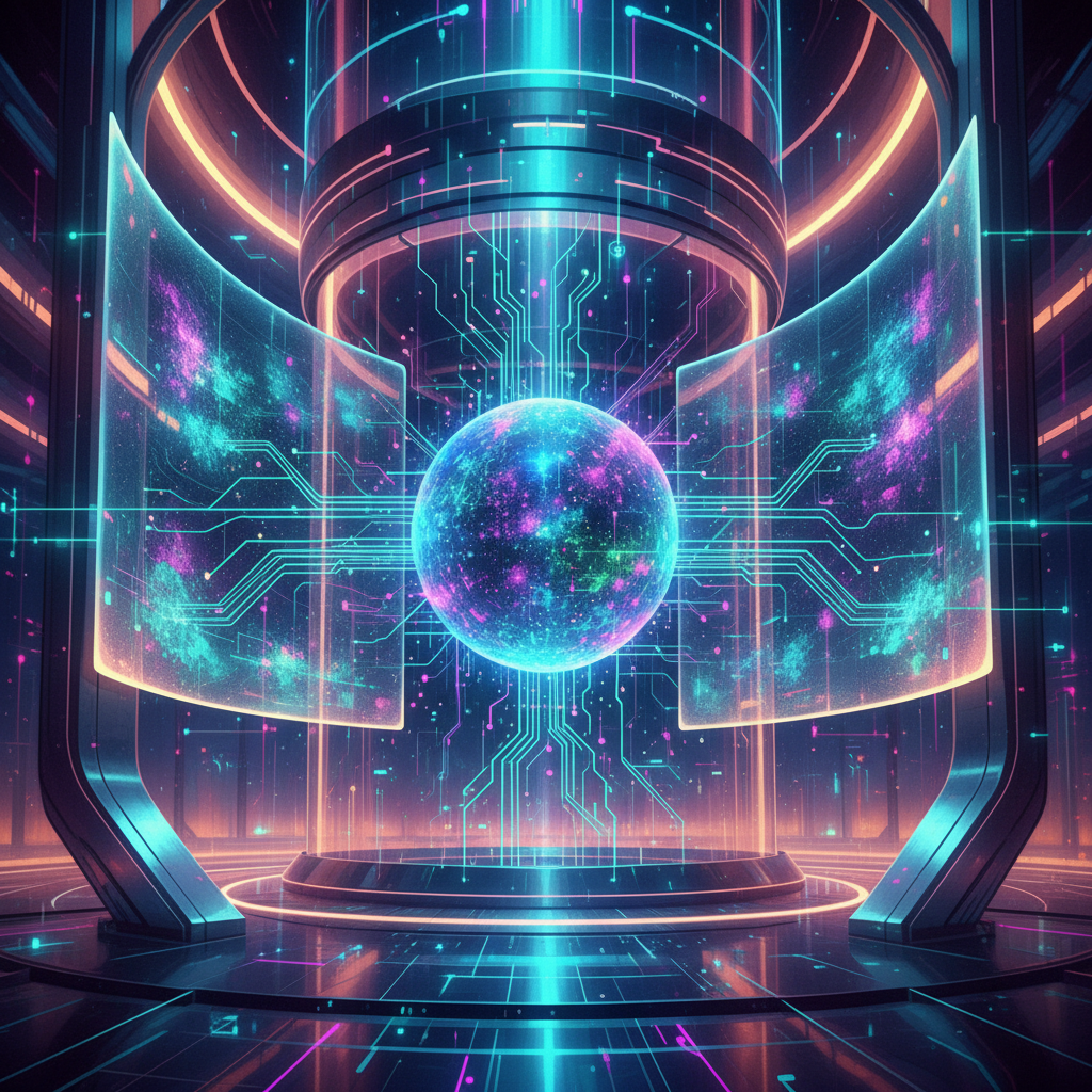 An AI system analyzing complex data, displayed through a dynamic interface with abstract data points and glowing connections. The setting is a futuristic data center with soft, vibrant lighting. Style: illustration, artistic rendering, textured background. No visible text. Colored background.