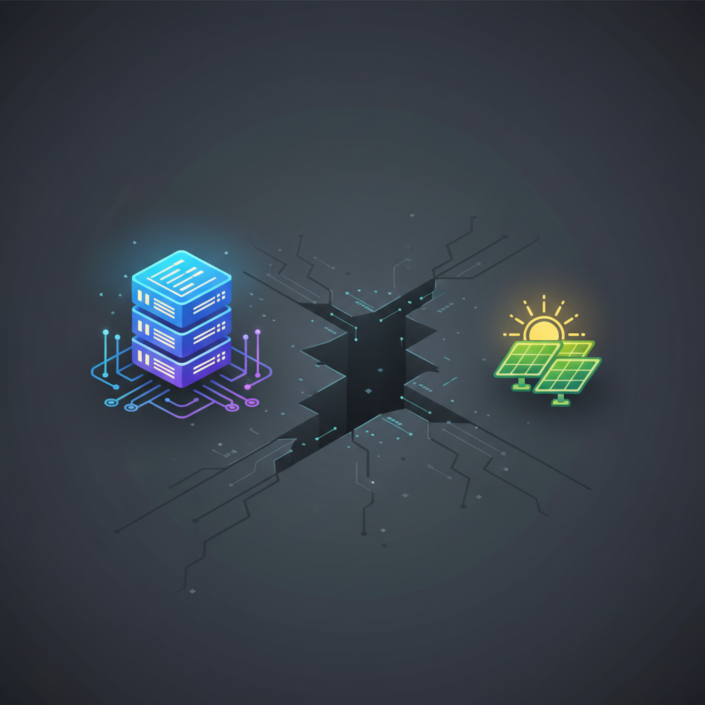 A conceptual infographic visualizing a significant gap between data center energy demand and solar power supply. A large, glowing data center icon is on one side, and a much smaller solar panel icon is on the other, with a clear empty space in between. Modern design with high contrast and a textured background. No text, bright, balanced lighting.