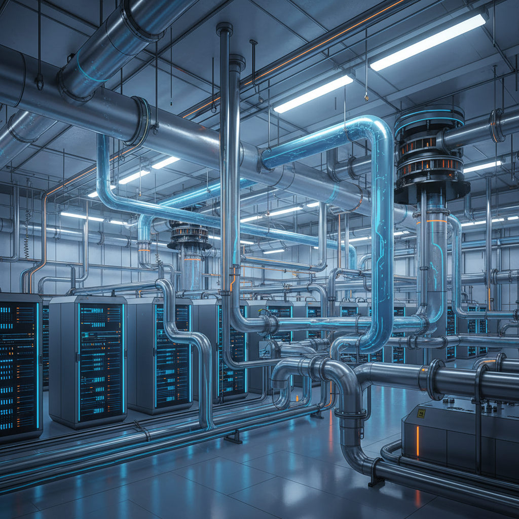 A modern data center with intricate cooling pipes. Emphasize the advanced infrastructure and the complexity of managing heat. Clean infographic style with high contrast, bright, balanced lighting, no text.