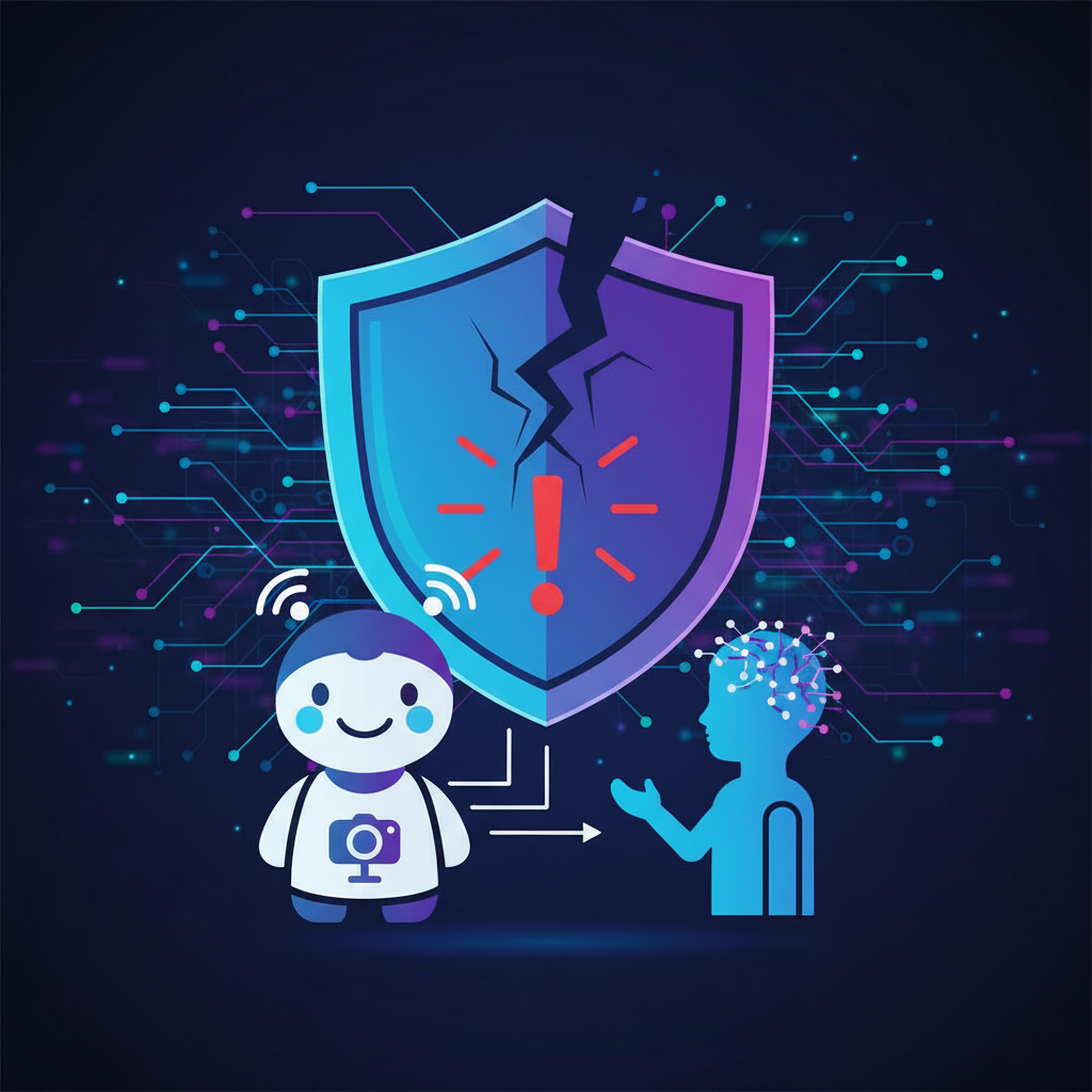 An infographic illustrating data privacy concerns with AI toys. Stylized icons show a smart toy collecting data from a child, with a shield icon partially broken, signifying vulnerability. A blurred background of digital information streams. Style: clean infographic, modern layout, high contrast. No text.