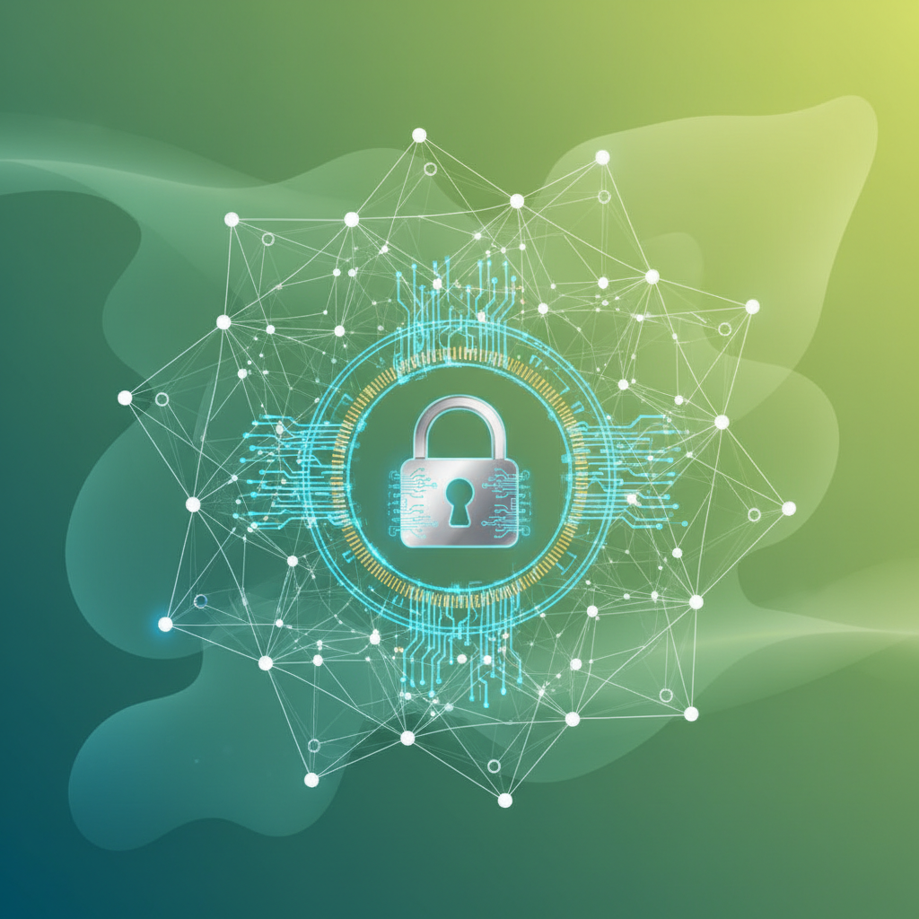 A clean infographic, modern layout, high contrast. An abstract visual representing data privacy and AI technology, with interconnected nodes and lines forming a network. A padlock icon is central, surrounded by subtle AI circuit patterns. The background uses a soft green and yellow gradient, no visible text, centered focus, no empty margins.