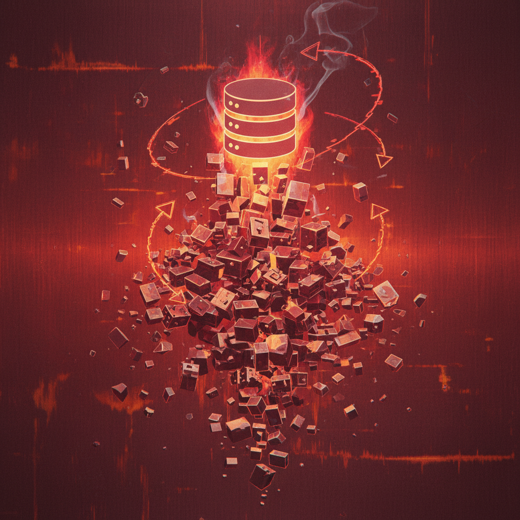 A clean infographic showing a central database icon with fragmented, duplicated data blocks spilling out. There are visual cues of overload and disorganization within the system. The background has a textured, metallic sheen with hints of red and orange, indicating a system under stress. No visible text.