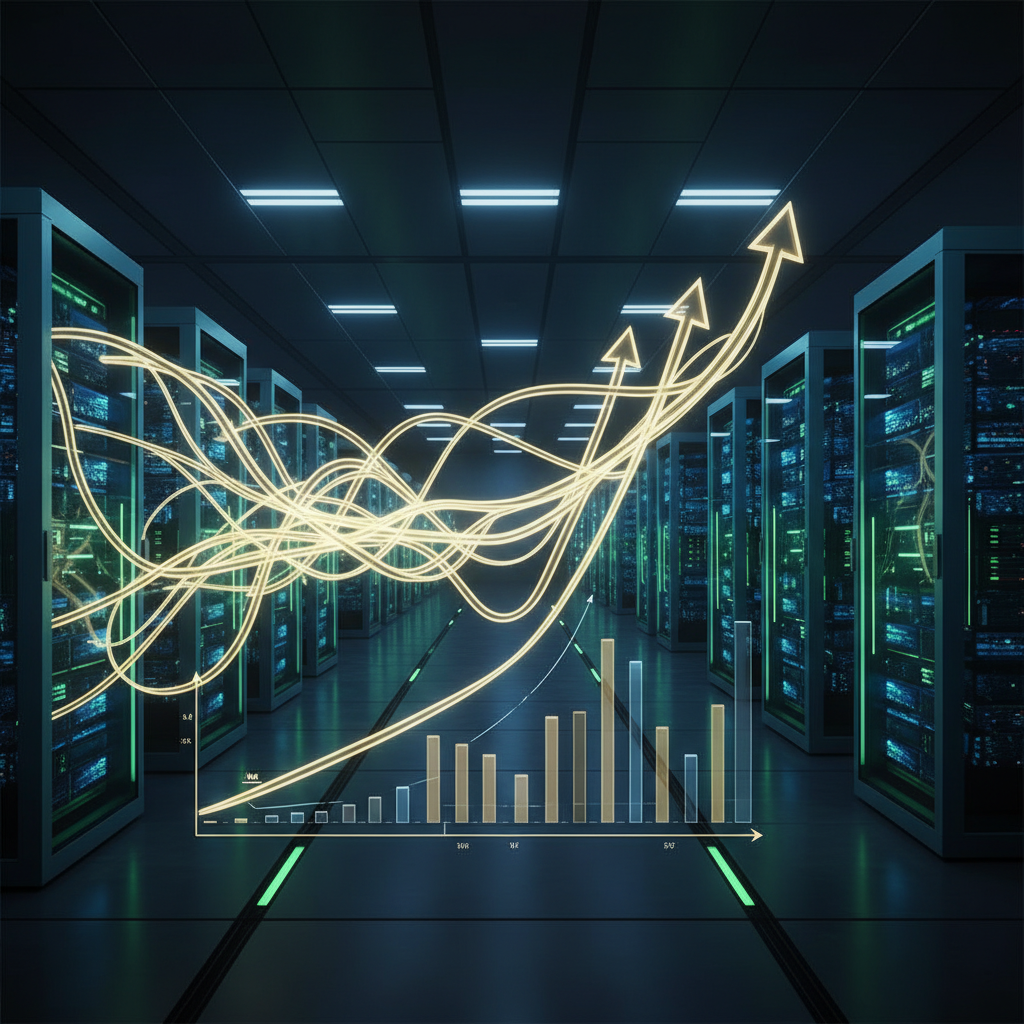 A visually striking infographic illustrating the rapid increase in data center power demands, with electricity flowing through complex networks. The background shows a modern data center with glowing servers, depicting high energy consumption. Clean, high contrast, modern layout. No text.