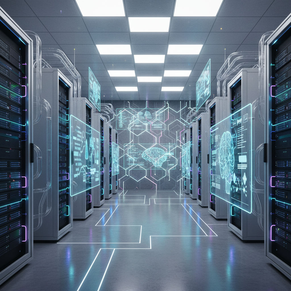 A modern, high-tech data center interior with rows of glowing server racks, emphasizing AI infrastructure. Clean infographic style, bright and balanced lighting. Textured background, no text.