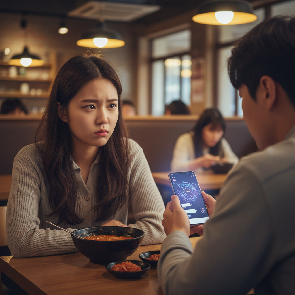A Korean woman looking skeptical while her date is engrossed in his phone, showing a vague AI chat interface on screen, during a casual restaurant setting. The background is a slightly blurred warm restaurant interior. Lifestyle photography, subtle emotional tension, soft lighting, no text, colored background.