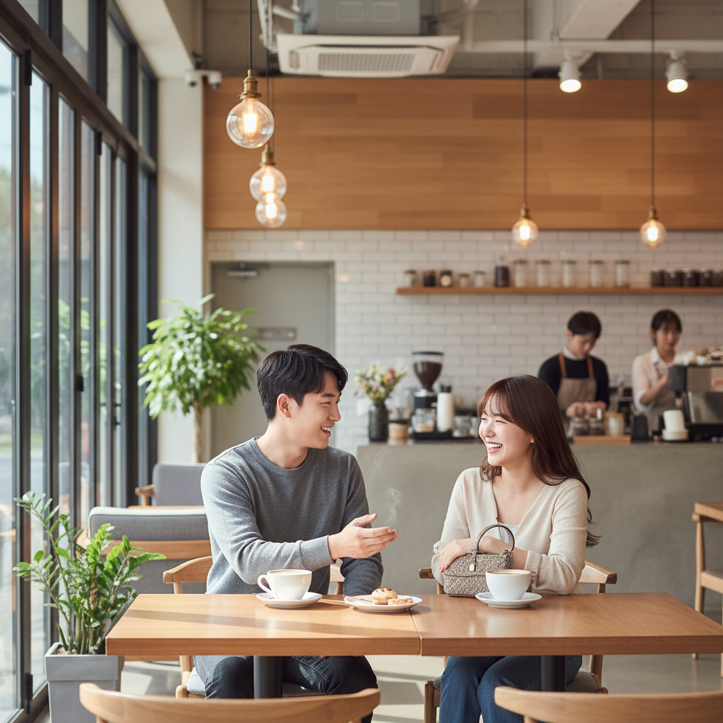 Happy young Korean couple meeting for first date at modern cafe, warm and bright atmosphere, lifestyle photography, natural expressions and interactions, coffee shop interior background, no text in image