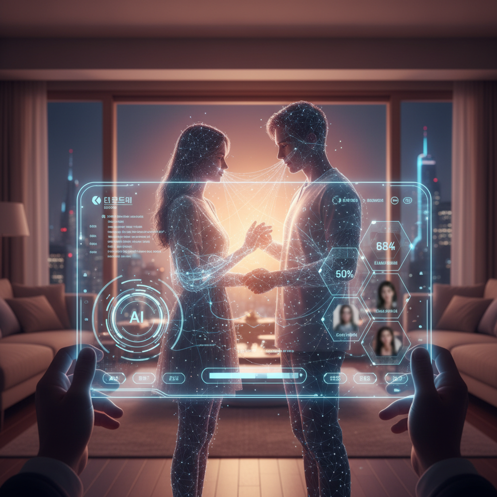 Futuristic dating app interface showing AI-powered matching system with holographic elements, couple silhouettes in background connected by digital neural network patterns, warm romantic lighting with tech elements, lifestyle photography meets digital art, Korean couple, no text in image