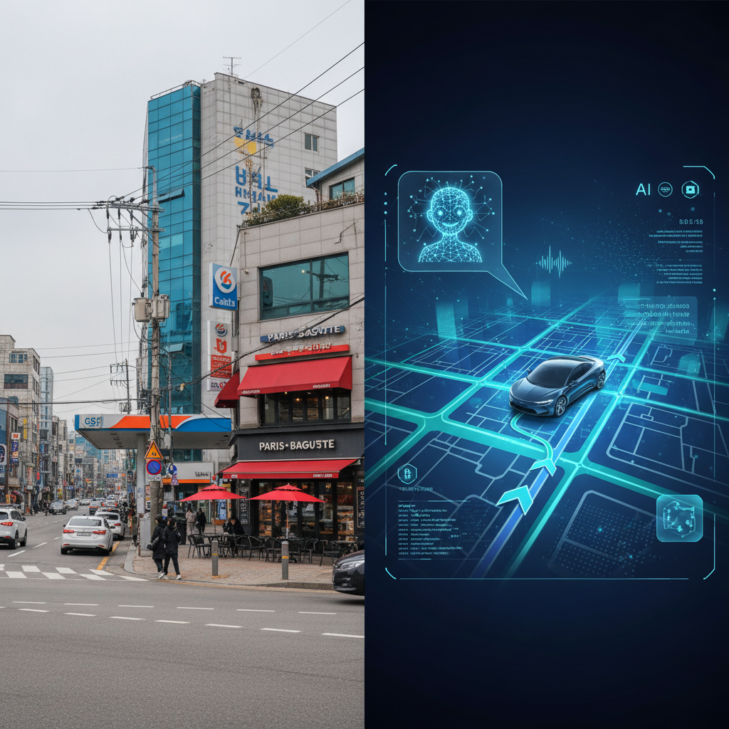 Split scene showing a real street view with recognizable landmarks like gas station and restaurant, alongside a navigation screen with AI guidance. Realistic daytime urban photography, clear visibility, Korean street environment. No text in image.