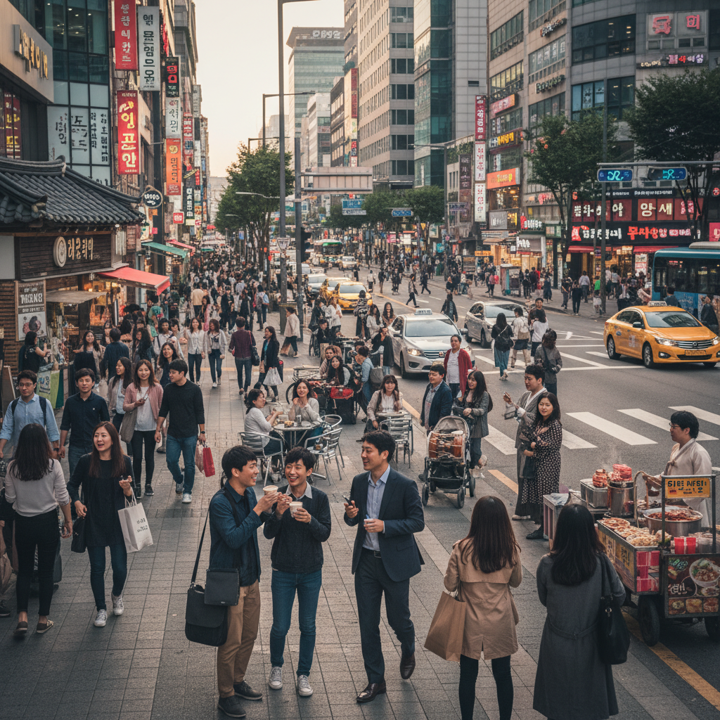 A street scene in a bustling Korean city, capturing various individuals engaged in daily activities (walking, talking, eating), observed from a slightly removed perspective. Emphasize diverse human behaviors and interactions. Lifestyle photography, dynamic composition, no text.