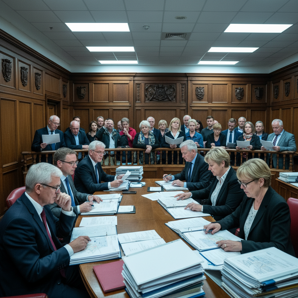 British local council planning committee meeting, councillors reviewing documents at curved desk, concerned citizens in audience, formal government chamber interior, fluorescent lighting, documentary style photography, professional setting with wood paneling background, no text in image