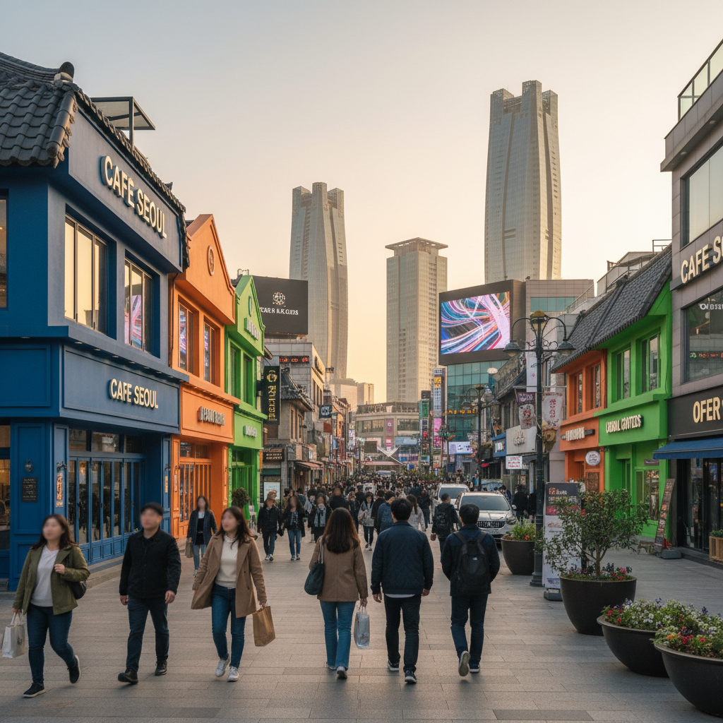 Urban street scene with recognizable landmarks and commercial buildings, clear signage visible, Korean cityscape with cafes and shops, daytime natural lighting, vibrant street atmosphere, people walking, colorful storefronts, gradient warm background, lifestyle photography, no Korean text in signs