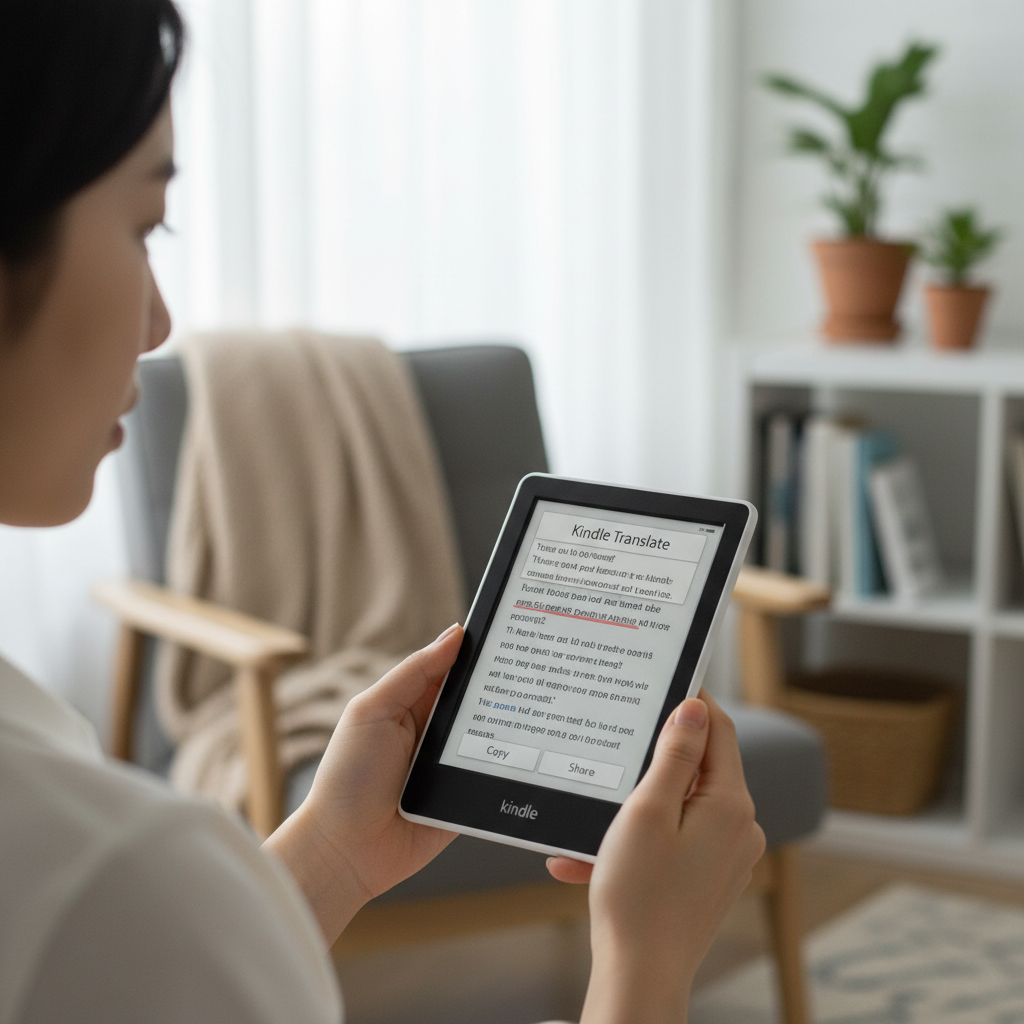 A Korean reader holding a Kindle e-reader, viewing an ebook with a clear "Kindle Translate" label on the screen, indicating transparency. Style: lifestyle photography. No text.