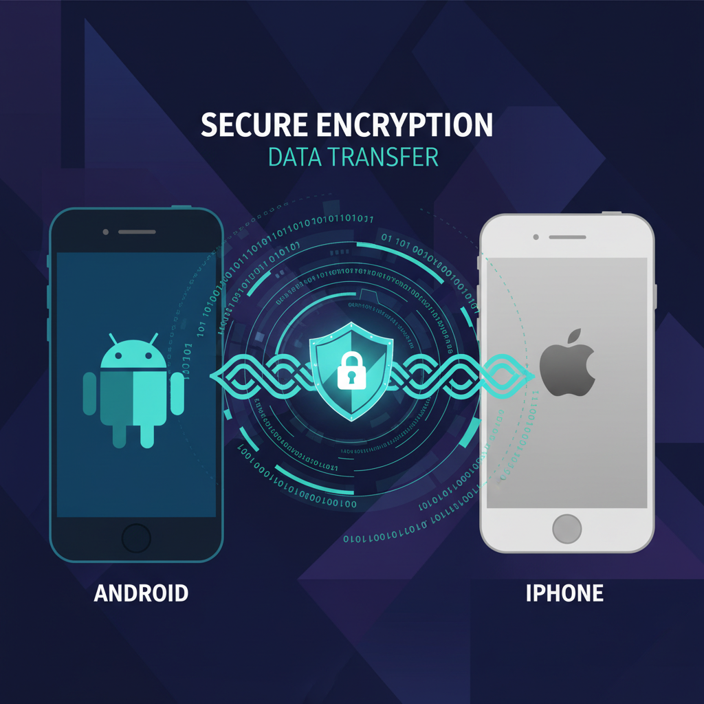 Two stylized smartphones, one Android and one iPhone, connected by a secure, glowing data transfer line. Emphasize encryption and security. A subtle shield icon or padlock symbol is integrated into the connection. Style: clean infographic, modern layout, high contrast. Background: abstract geometric pattern with dark blue and purple tones.
