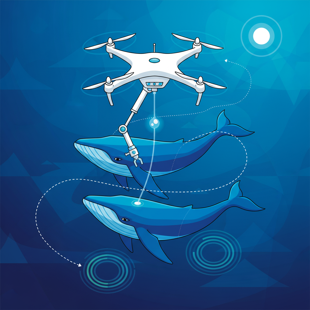 Aerial view of a drone hovering over two blue whales in a vast blue ocean. The drone is collecting samples. Style: clean infographic, modern layout, high contrast. No visible text in image. Colored background.