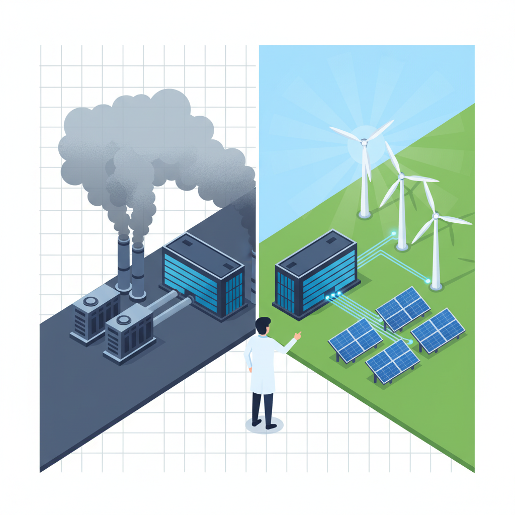 An infographic showing a modern data center with diesel generators on one side emitting exhaust, and on the other, solar panels and wind turbines providing clean energy. A Korean scientist figure pointing to a solution. Style: clean infographic, modern layout, high contrast. No text.