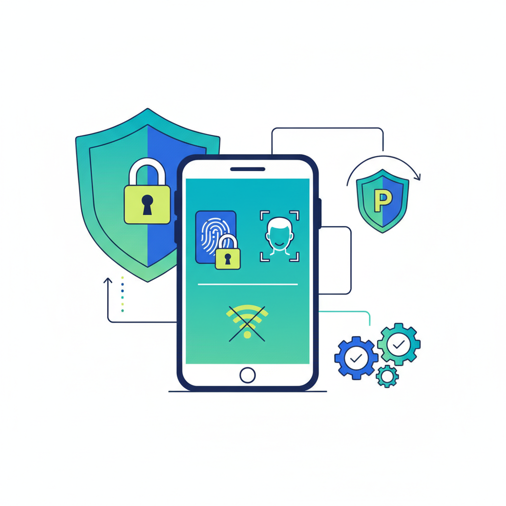 A clean infographic-style illustration showing digital security concepts with shields, locks, privacy settings, and a smartphone with security features. Modern, professional design with green and blue colors representing safety and protection. No text.