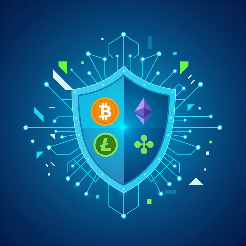 A stylized infographic showing a digital shield protecting various cryptocurrency icons like Bitcoin and Ethereum. The background features abstract lines and nodes representing a secure network. Colors are bright and trust-inspiring. Style: clean infographic, modern layout, high contrast. No text.