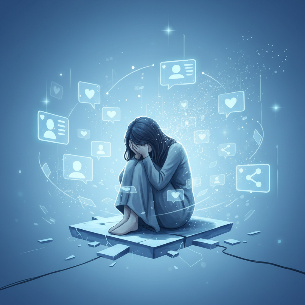 A sensitive illustration showing a distressed woman sitting alone with her head in hands, surrounded by floating digital screens and social media icons. Soft, empathetic lighting with blue tones representing digital anxiety and isolation. No text.