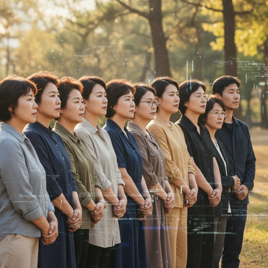 A diverse group of Korean people, including women and men, standing together with determined expressions, representing unity against deepfake abuse. They are looking forward, with subtle digital elements in the background symbolizing online threats. Style: lifestyle photography, warm lighting, natural setting, with a focus on human connection. No visible text in image.
