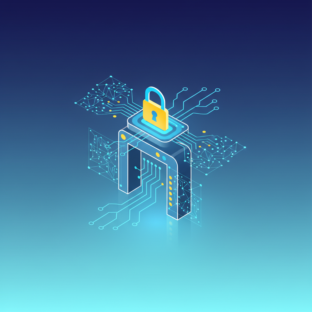 modern infographic, clean lines, high contrast, showing secure data flowing through a digital gateway, guarded by AI security protocols, a padlock icon on a brightly lit network, no visible text, centered focus, gradient background.