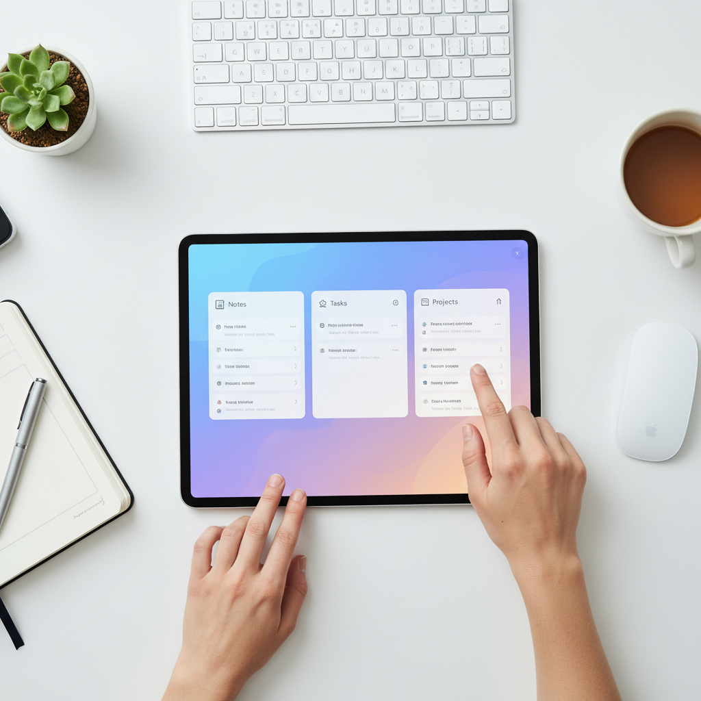An overhead shot of an iPad displaying a Notion workspace with various organized sections for notes, tasks, and project management. A user's hands are lightly touching the screen, surrounded by a clean, modern desk setup. The image conveys productivity and collaboration. No visible text on UI elements. Gradient background.