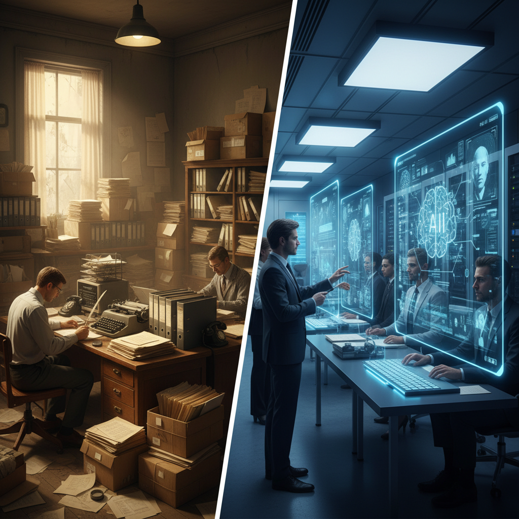 Split screen comparison showing old paper-based prison system on left and modern digital AI system on right, transformation concept, contrasting lighting, realistic office environment, no text