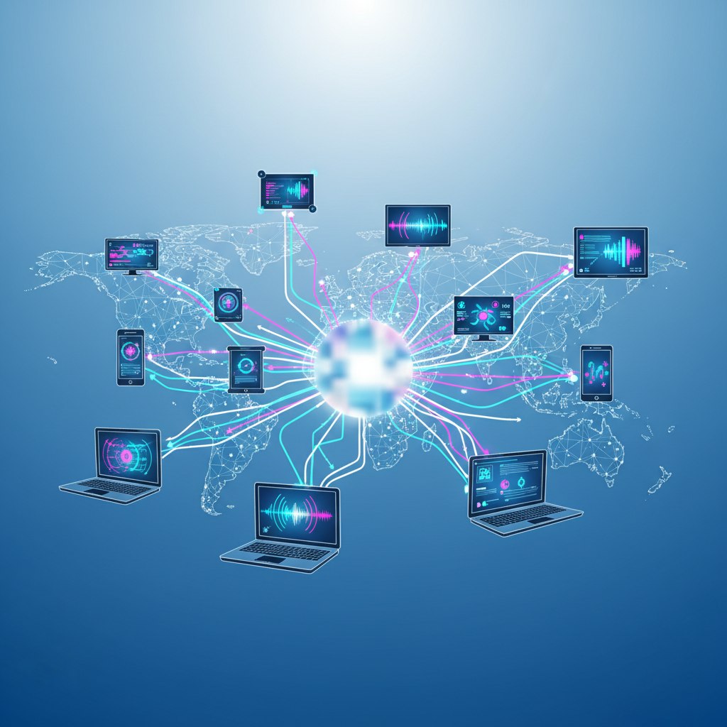 A dynamic, modern infographic illustrating the rapid spread of digital information. Arrows and interconnected nodes show data flowing from a central, subtly obscured source to various screens and devices worldwide. The background is a clean, minimalist blue gradient. Style: clean infographic, modern layout, high contrast. No text, emphasizing widespread reach.