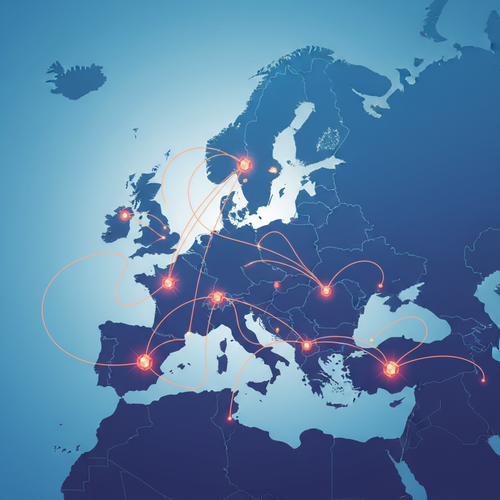 Clean infographic, modern layout, high contrast. A stylized map of Europe overlaid with interconnected digital networks, symbolizing digital sovereignty and control. Bright, balanced lighting, colored gradient background, no text, centered focus, no empty margins.