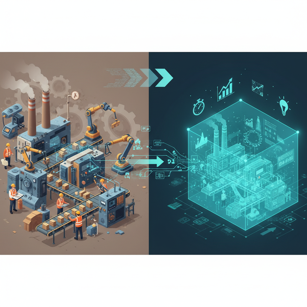 An infographic-style illustration depicting the concept of digital twins in an industrial setting, showing a physical factory floor alongside a holographic, digital representation of the same factory, with data flowing between them. Focus on efficiency and innovation. No text.
