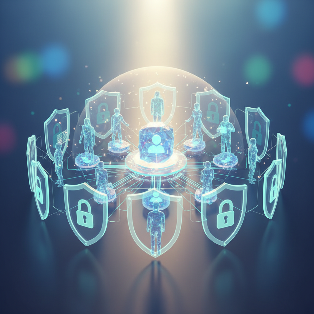 A forward-looking illustration showing a digital ecosystem with social media platforms, users, and protective measures working together, bright hopeful lighting, modern tech illustration style, balanced composition showing harmony between technology and safety, no text in image