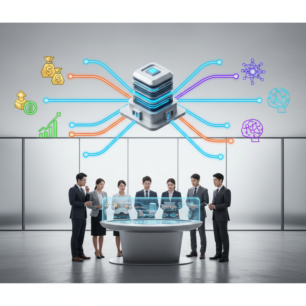 clean infographic, modern layout, high contrast. A sleek, modern data center facility. Interconnected lines flow from the data center to stylized icons representing investment firms (like abstract money symbols) and AI concepts. A diverse group of professional individuals with Korean appearances are observing the connections on a large display. Bright, balanced lighting. No visible text in image. No Korean characters.