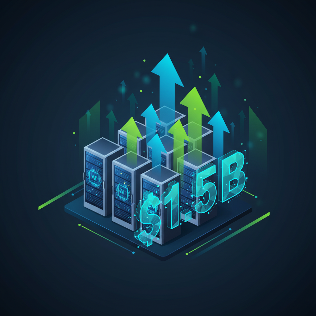 clean infographic, modern layout, high contrast. A stylized depiction of a data center with servers and glowing AI chips. Multiple arrows pointing upwards, symbolizing growth and investment. A large number "$1.5B" prominent but integrated visually, not as text. Blue and green color scheme. No visible text in image. No Korean characters.