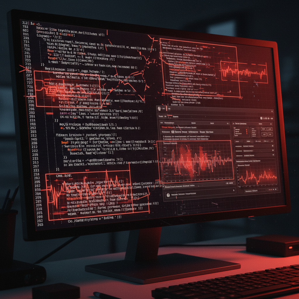 Computer screen displaying buggy ransomware code with error messages and debugging interface, red warning alerts, incomplete code structure, cybersecurity testing environment, close-up view of monitor, realistic digital illustration, no text in image