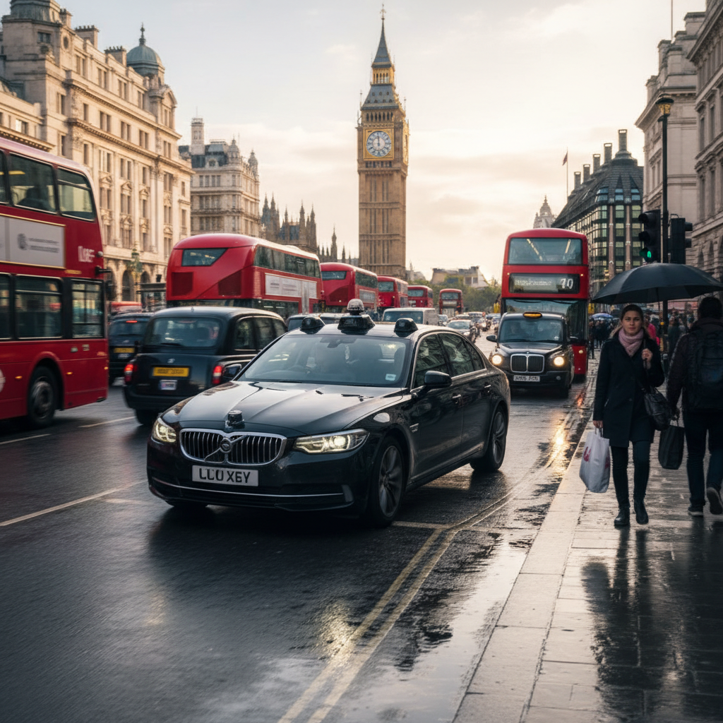 A modern self-driving taxi navigating busy London streets, with iconic red double-decker buses and black cabs in the background. The car has subtle sensor boxes, not overly futuristic. Style: lifestyle photography, vibrant city colors, dynamic motion blur, natural setting. No visible text.