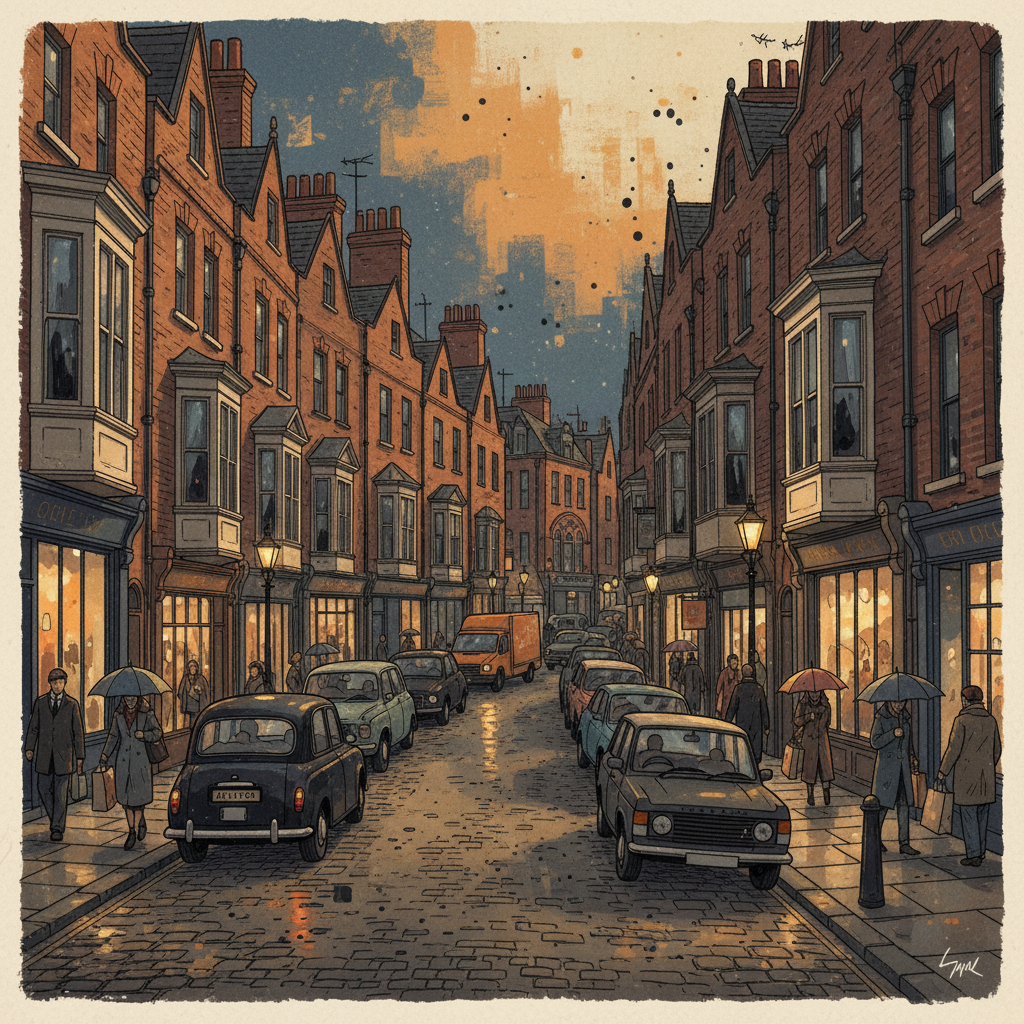 An intricate, winding, narrow street in London filled with historical buildings, parked cars, and pedestrians. The scene captures the challenging environment for autonomous vehicles. Style: illustration, artistic rendering, textured background, warm lighting. No visible text.