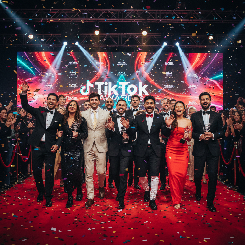 Diverse TikTok creators walking a vibrant red carpet at an awards show, smiling and interacting with cameras. The background shows "TikTok Awards" signage subtly. Style: celebrity event photography, lively and festive, no text in image.