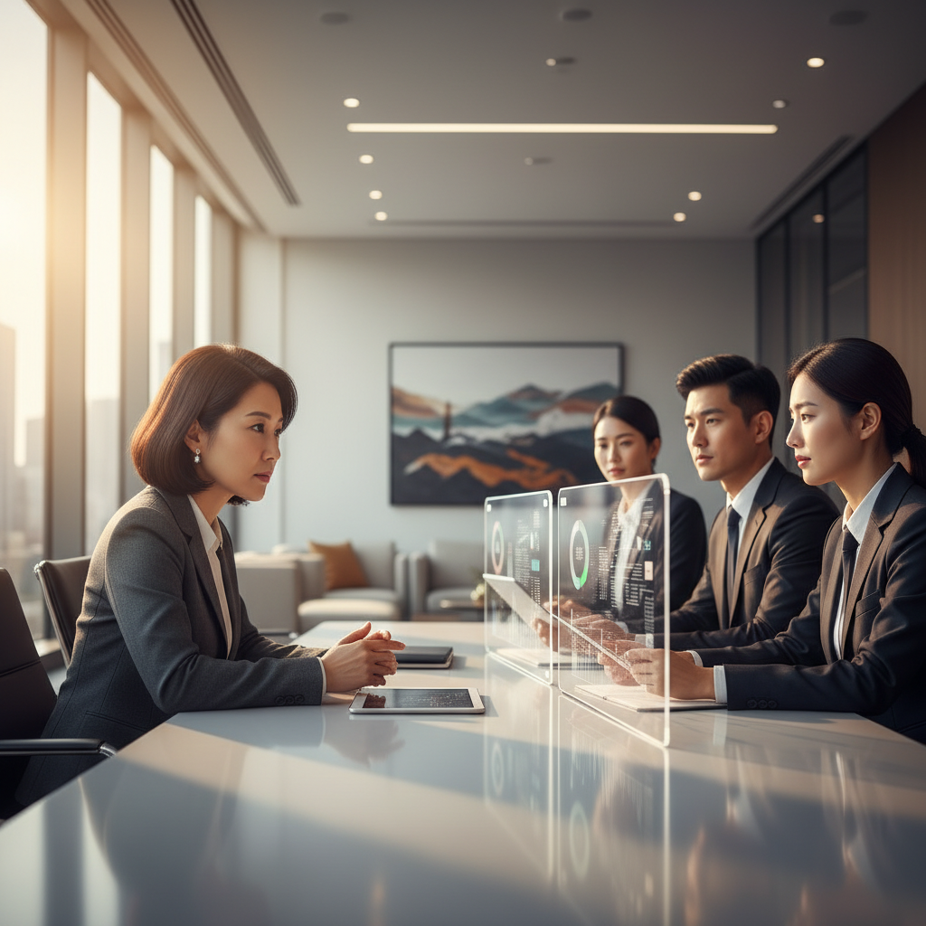 Lifestyle photography of Rachel Reeves, a woman of Korean appearance, engaging in a serious discussion with a group of financial professionals in a modern office setting. She is listening intently while others present data. Warm lighting, professional attire, clear focus on interactions. No visible text in image. No Korean characters.