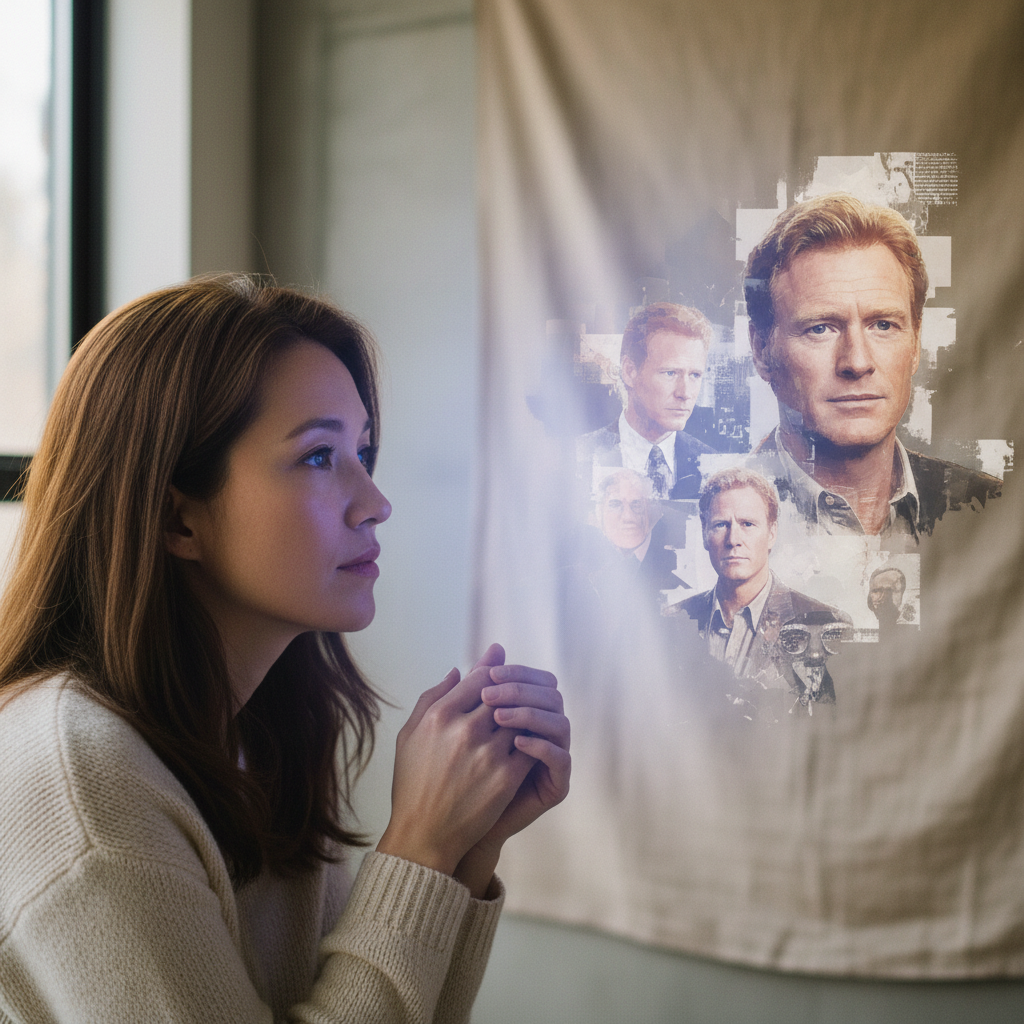 Lifestyle photography of a pensive woman (Korean appearance, representing Amy Redford) looking at a glowing, slightly abstract digital screen displaying fragmented images of a famous actor (Robert Redford). Soft, natural lighting with a subtly textured background. No visible text.