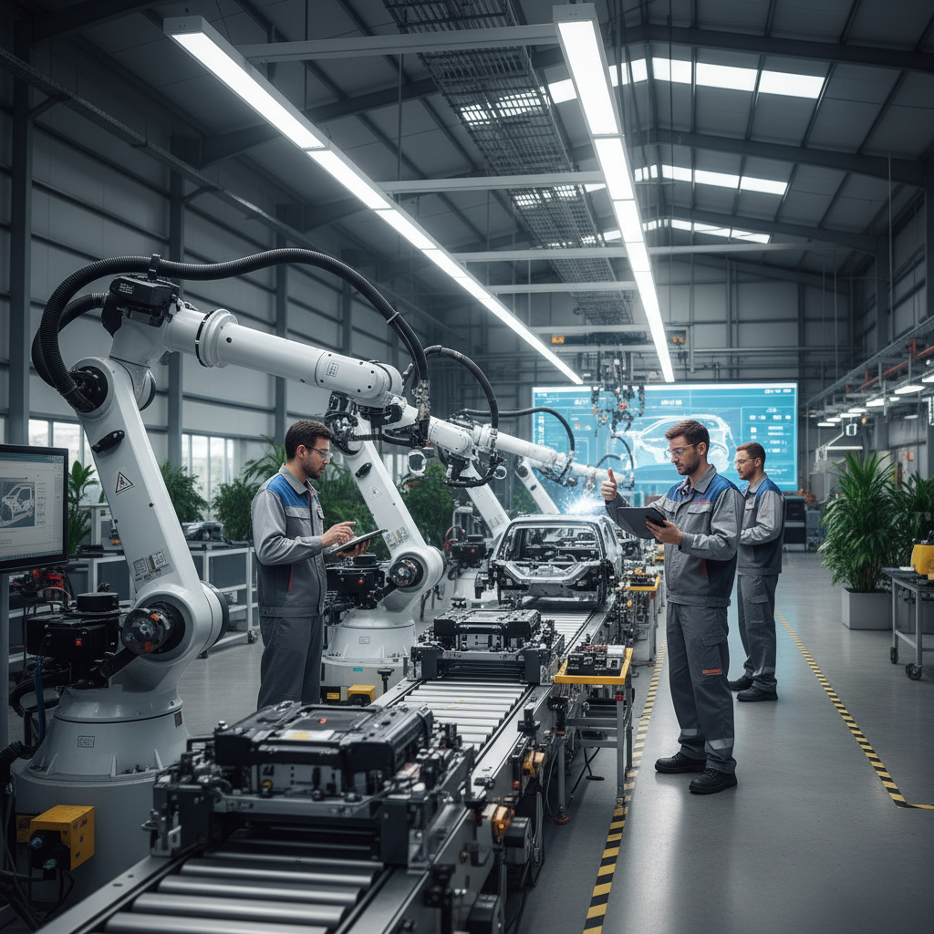 A dynamic lifestyle photograph of a modern factory assembly line, where multiple sleek industrial robots are working seamlessly alongside human technicians, optimizing production processes. The scene is bright and shows collaborative work. No text in image.